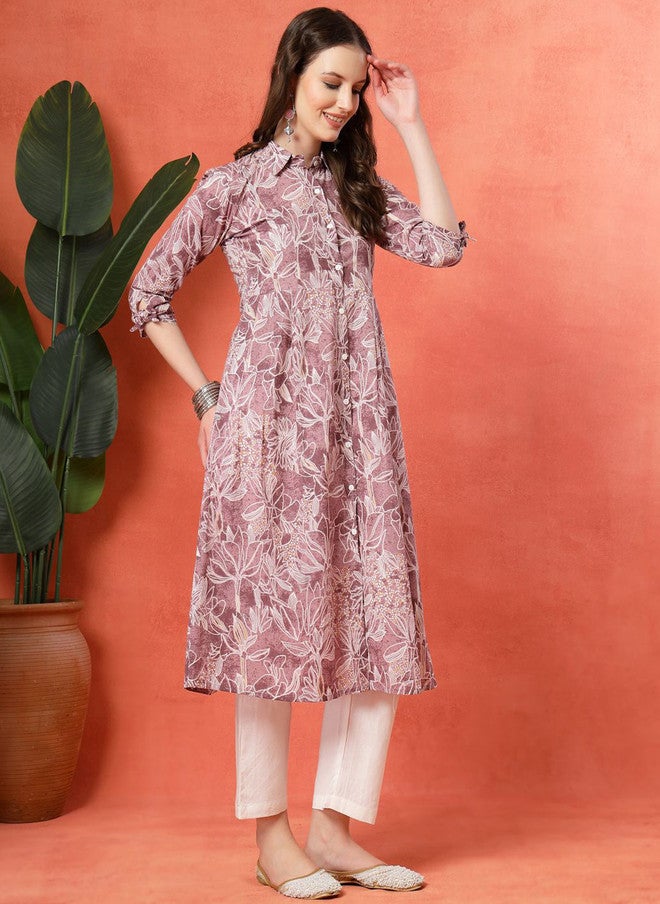 LARGISH Floral Printed Shirt Collar Pure Cotton Anarkali Kurta With Trousers - Image 4