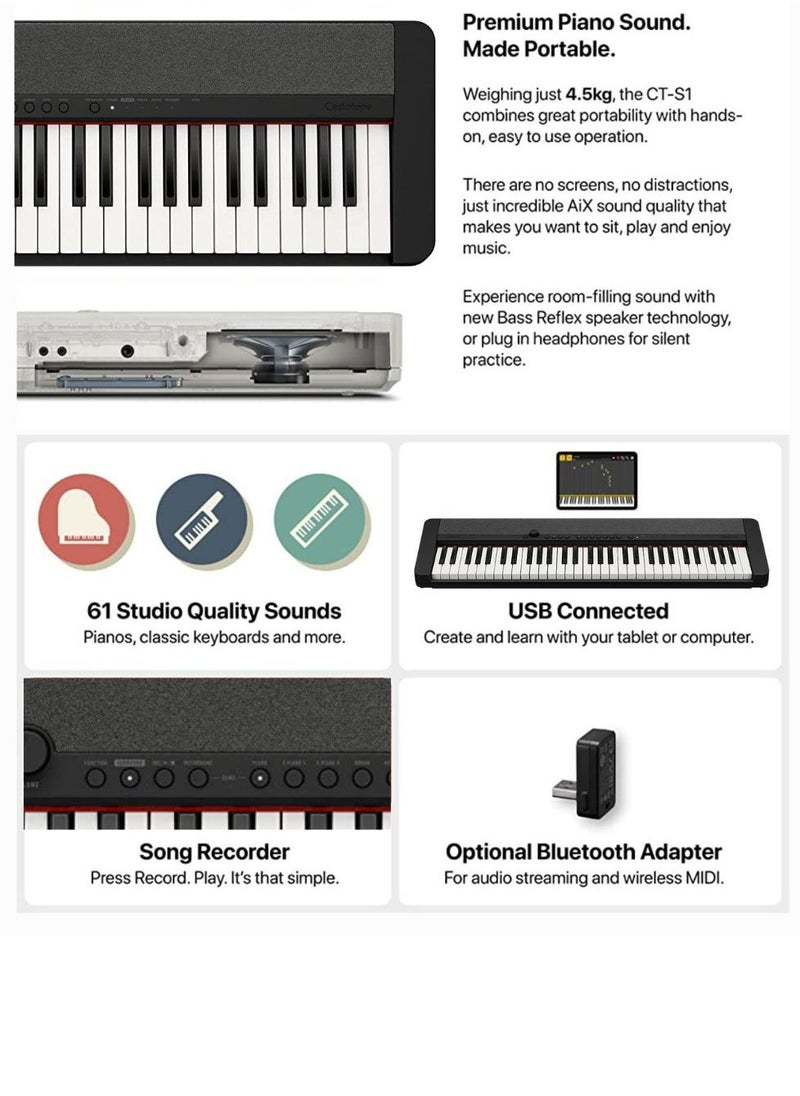 CASIO - CT-S1BK Digital Musical Keyboard, Piano Style With Power Adaptor - Image 1
