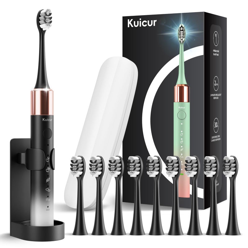 Kuicur Electric Toothbrush for Adults and Kids Comes with 10 Brush Heads Travel Case 5 Modes with 2 Minutes Built in Smart Timer One Charge for 90 Days 42000 VPM Motor