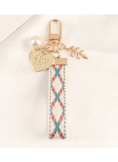 Generic Refined Plaid Fabric Keychain with Heart and Leaf Charms, Red, White, and Blue Colored Weave, Gold Tone Metal, Faux Pearl and Engraved Heart Pendants, Leaf-shaped Metal Charm, Handcrafted Detailing, Classic and Stylish Design, Fashion Accessory for Keys, Purses, and Bags 