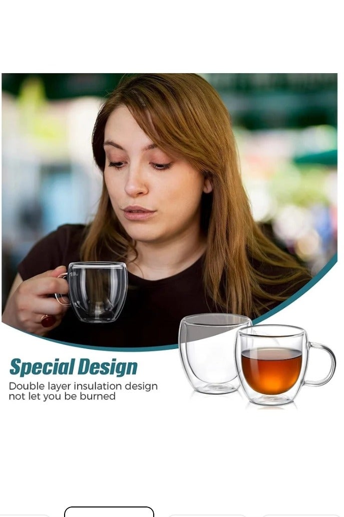 نقطة التسوق كوبان معزولان بجدار مزدوج، أكواب قهوة زجاجية بمقبض، أكواب قهوة بطبقة عازلة، أكواب زجاجية شفافة من البورسليكات | أكواب قهوة مثالية للإسبريسو، والكابتشينو، واللاتيه، والشاي الأمريكي، والمشروبات الساخنة، سعة 250 مل - Image 3