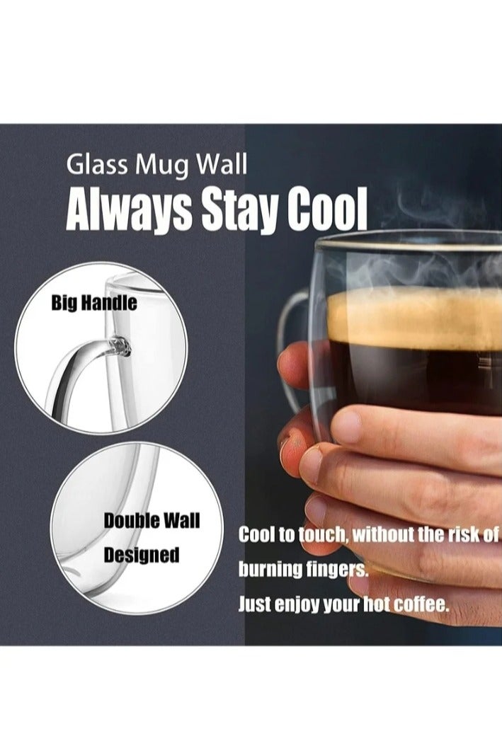 نقطة التسوق كوبان معزولان بجدار مزدوج، أكواب قهوة زجاجية بمقبض، أكواب قهوة بطبقة عازلة، أكواب زجاجية شفافة من البورسليكات | أكواب قهوة مثالية للإسبريسو، والكابتشينو، واللاتيه، والشاي الأمريكي، والمشروبات الساخنة، سعة 250 مل - Image 5