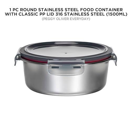Peggy Oliver Everyday Stainless Steel Food Container With Classic PP Lid 316 Stainless Steel (1500 ml) | Round | Airtight & Leak-Proof | BPA-Free | Microwave & Dishwasher Safe | Ideal for Regular Use - Image 2