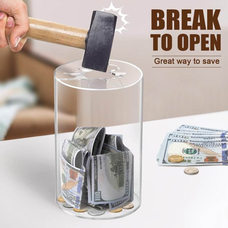 Hicocool Clear Piggy Bank, Acrylic Piggy Bank for Adults Must Break to Open, Unopenable Money Saving Box for Boys Girls Birthday Gift (8" H x 5" D) - Image 3
