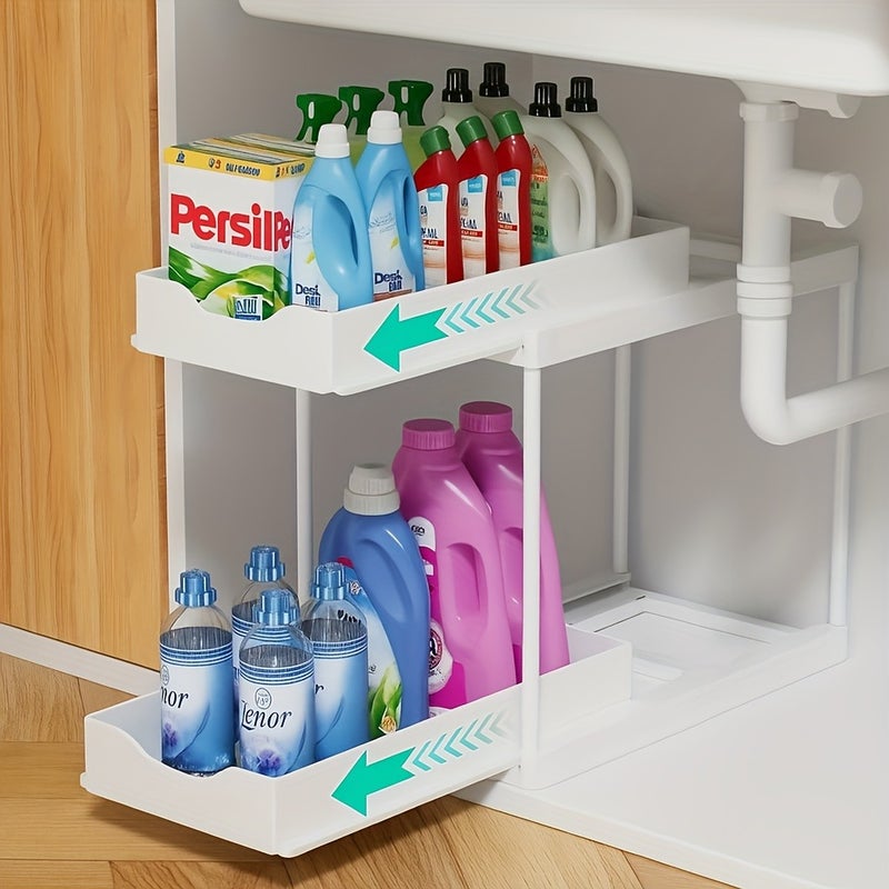2-Tier Multi-Functional Pull-Out Sink Storage Rack, with Pull-Out Shelves, Durable Plastic Space-Saving Design, Under-Sink Cabinet Organizer, Hanging Countertop Storage Rack, Easy Materials - Image 1