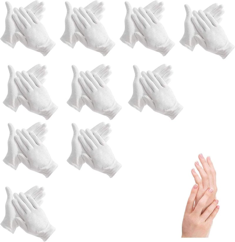 10Pairs Moisturizing Gloves Over Night Bedtime White Cotton Cosmetic Inspection Premium Cloth Quality Eczema Dry Sensitive Irritated Skin Spa Therapy Secure Wristband One Size Gloves10p