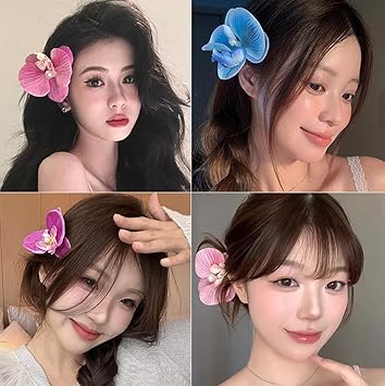 ASTRQLE 5 قطع مشبك شعر زهور ملونة للنساء مشبك شعر كبير من أوركيد الشيفون مشبك شعر زهور هاواي بوهيمية مشبك شعر باروكة رأس للنساء والفتيات لحفلات الزفاف - Image 5