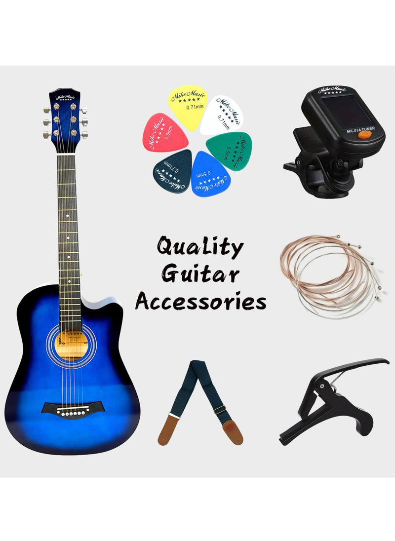 Mike Music 38 inch Acoustic Guitar in Full Size Beginner Set, All Wood Cutaway Guitar for Beginner, Comes with Free Bag/Tuner/Strap/Tuner Clip/Extra String Set/Winder/6 Paddles（ Blue）  - Image 3