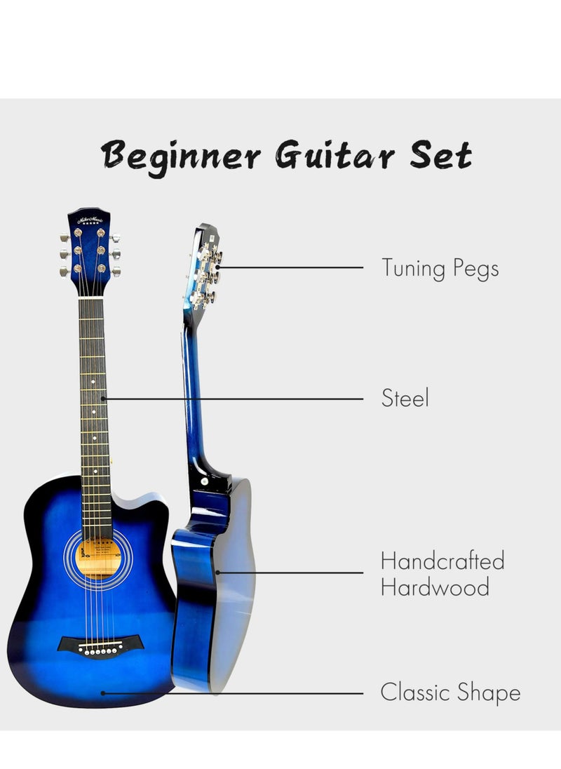 Mike Music 38 inch Acoustic Guitar in Full Size Beginner Set, All Wood Cutaway Guitar for Beginner, Comes with Free Bag/Tuner/Strap/Tuner Clip/Extra String Set/Winder/6 Paddles（ Blue）  - Image 2