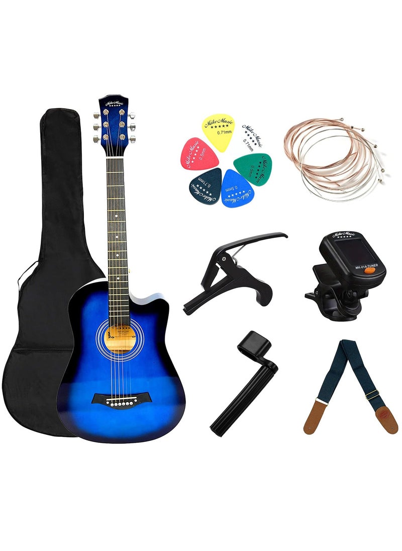 Mike Music 38 inch Acoustic Guitar in Full Size Beginner Set, All Wood Cutaway Guitar for Beginner, Comes with Free Bag/Tuner/Strap/Tuner Clip/Extra String Set/Winder/6 Paddles（ Blue）  - Image 1
