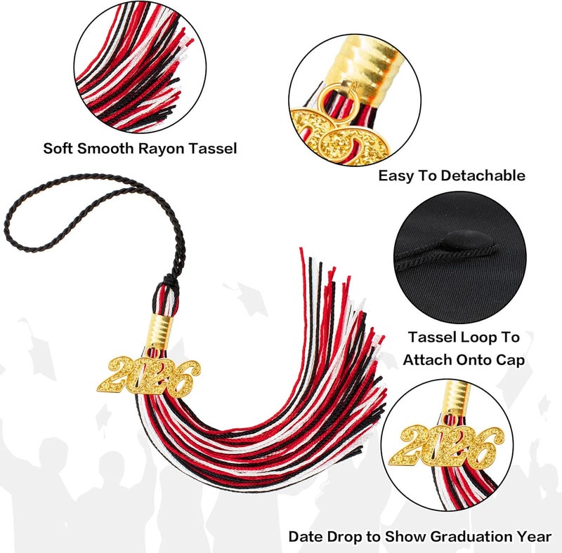 RHOttbiy 2026 Graduation Tassel, 2026 Tassel Graduation, 2026 Tassels for Graduations Cap with 2026 Year Gold Charms for Graduate Cap, Red Black White Grad Tassels for Class of 2026 Grad Ceremonies Accessories - Image 4