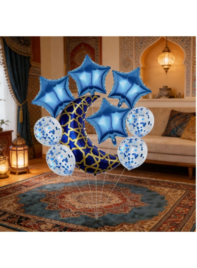 Ramadan Eid Mubarak Balloon Set – Blue & Gold Moon and Star Foil Balloons with Confetti Latex, Islamic Party Decorations (Pack of 9 pcs) - Image 3