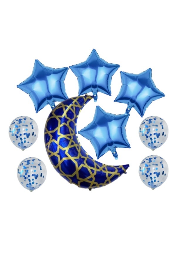 Ramadan Eid Mubarak Balloon Set – Blue & Gold Moon and Star Foil Balloons with Confetti Latex, Islamic Party Decorations (Pack of 9 pcs) - Image 1