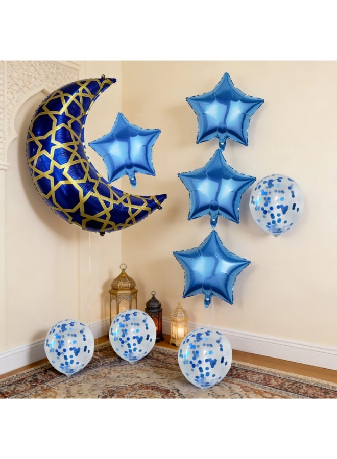 Ramadan Eid Mubarak Balloon Set – Blue & Gold Moon and Star Foil Balloons with Confetti Latex, Islamic Party Decorations (Pack of 9 pcs) - Image 2