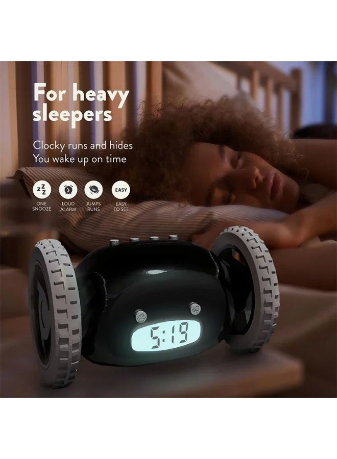 Y&D Alarm Clock on Wheels  | Loudest for Heavy Sleeper (Adult or Kid Bed-Room Robot Clockie) Funny, Rolling, Run-away, Moving, Jumping，Easy to Set Smart Digital Alarm Clock on Wheels -Funny Gag Gift (Black) - Image 3