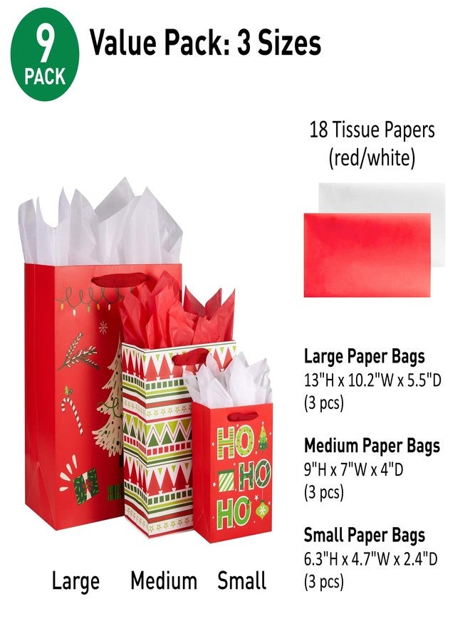 SUNCOLOR Christmas Gift Bags Assorted Sizes with Tissue Paper, 9 Pack, Red Holiday Theme Bags, Large 13x10.2, Medium 9x7, Small 6.3x4.7 inches - Image 2
