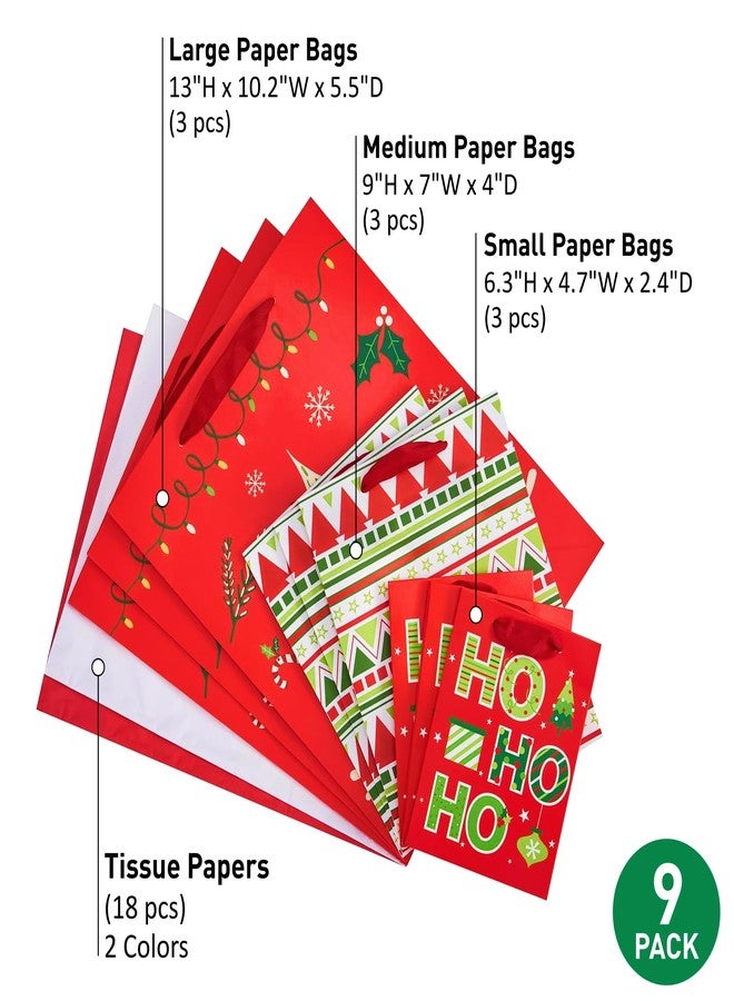 SUNCOLOR Christmas Gift Bags Assorted Sizes with Tissue Paper, 9 Pack, Red Holiday Theme Bags, Large 13x10.2, Medium 9x7, Small 6.3x4.7 inches - Image 3