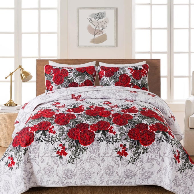 RED FLORAL BEDSPREADS QUEEN SIZE ROSE FLOWERS QUILT BEDDING SET 3 PIECES LIGHTWEIGHT MICROFIBER BOTANICAL COVERLET WITH 2 PILLOW SHAMS FOR ALL SEASON 96X90 INCH