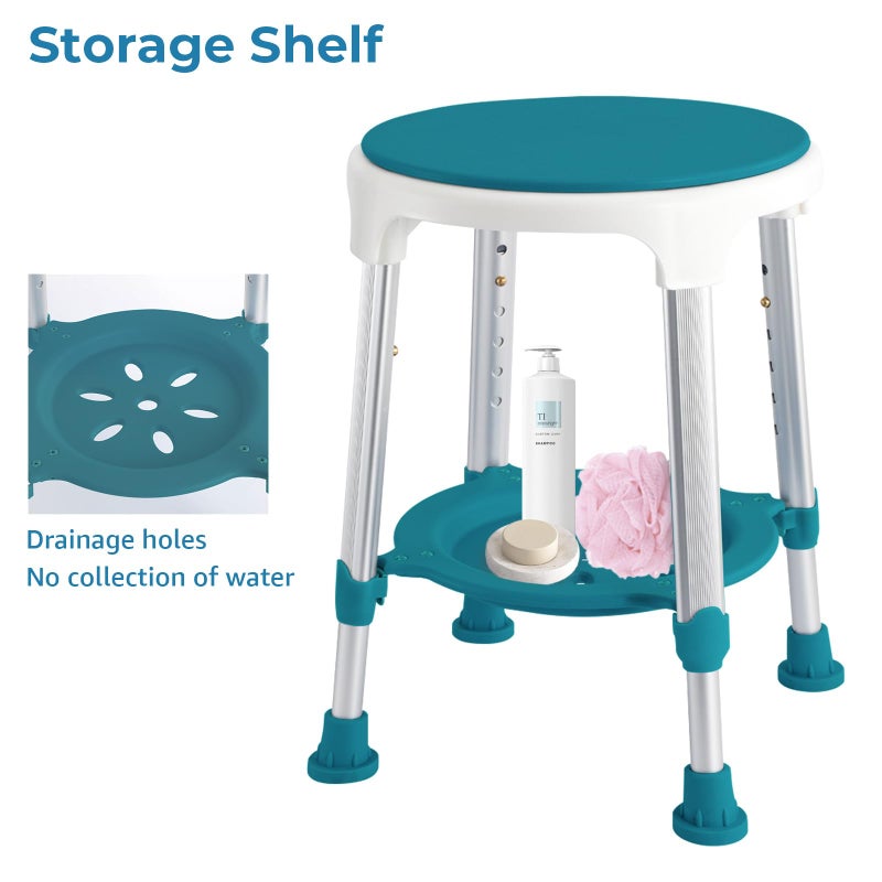 KSITEX Shower Stool Chair for Inside Shower, Upgrade Small Corner Plastic Stool for Seniors Adult, 360Â° Swivel Shower Stool Seat for Bathroom, 6-Level Adjustable Height Bath Chair Stools with Shelf - Image 5
