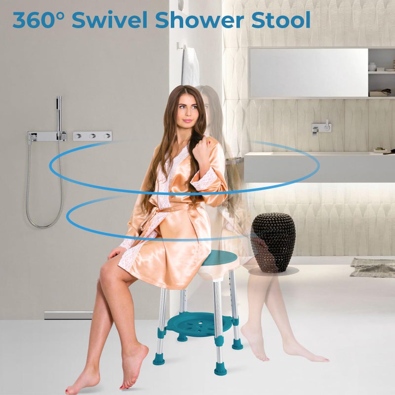 KSITEX Shower Stool Chair for Inside Shower, Upgrade Small Corner Plastic Stool for Seniors Adult, 360Â° Swivel Shower Stool Seat for Bathroom, 6-Level Adjustable Height Bath Chair Stools with Shelf - Image 3