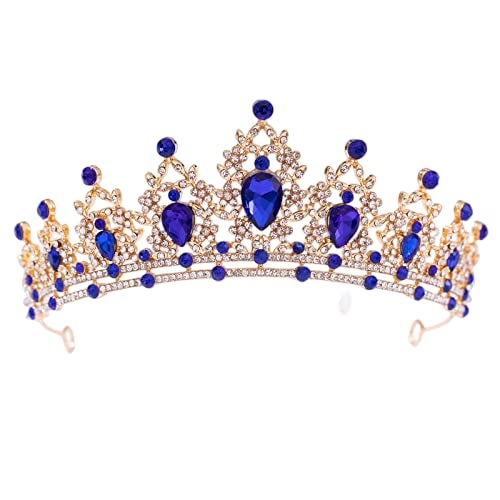 FORSEVEN Crystal Tiaras for Women, Wedding Tiaras and Crowns for Women Tiara for Girls Birthday Party Princess Crown Hair Accessories Bride Rhinestone Headbands (Gold+Blue) - Image 1