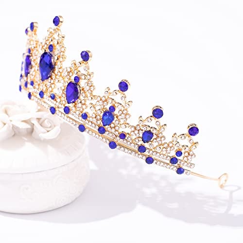 FORSEVEN Crystal Tiaras for Women, Wedding Tiaras and Crowns for Women Tiara for Girls Birthday Party Princess Crown Hair Accessories Bride Rhinestone Headbands (Gold+Blue) - Image 3