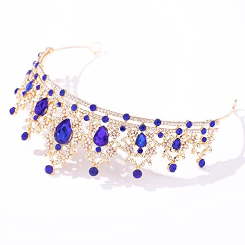 FORSEVEN Crystal Tiaras for Women, Wedding Tiaras and Crowns for Women Tiara for Girls Birthday Party Princess Crown Hair Accessories Bride Rhinestone Headbands (Gold+Blue) - Image 4