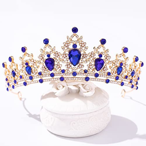 FORSEVEN Crystal Tiaras for Women, Wedding Tiaras and Crowns for Women Tiara for Girls Birthday Party Princess Crown Hair Accessories Bride Rhinestone Headbands (Gold+Blue) - Image 2