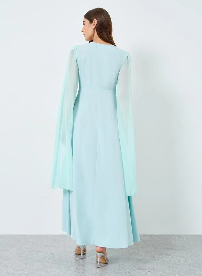 Take Two Teal Solid Pleated Cape Sleeve Maxi Dress