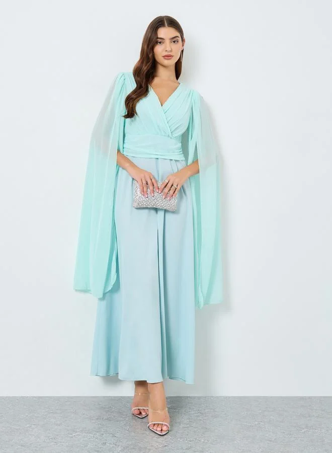 Take Two Teal Solid Pleated Cape Sleeve Maxi Dress