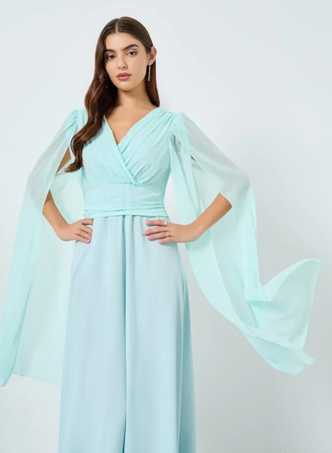 Take Two Teal Solid Pleated Cape Sleeve Maxi Dress