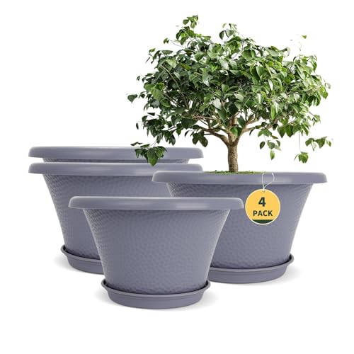 Quarut 12 Inch Large Planter Pot for Plants Indoor Outdoor 4 Pack Plastic Flower Pots with Drainage Hole Tray Modern Decorative Garden Pot with Saucer Plant Container for House Grey - Image 1