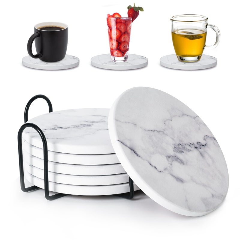 Qeedy Absorbent Coasters for Drinks Ceramic Coaster Set of 6 with Holder  Durable Cup Coaster for Coffee Table with Cork Base for Table Protection  Housewarming Birthday Gifts  Home Decor (White Marble) - Image 1