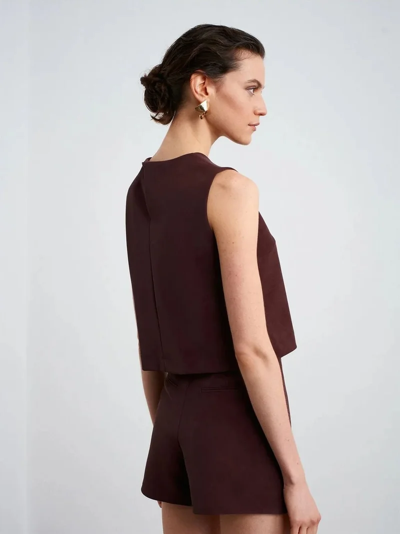 Dilvin DILVIN Crop Faux Leather Button Waistcoat