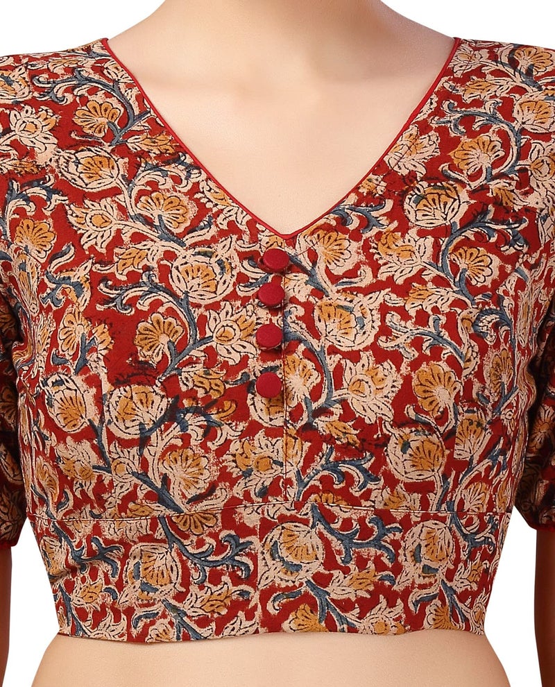 Studio Shringaar Women's Readymade Cotton Kalamkari Printed Saree Blouse with Elbow Length Sleeves (Brick Red & Beige 36) - Image 3