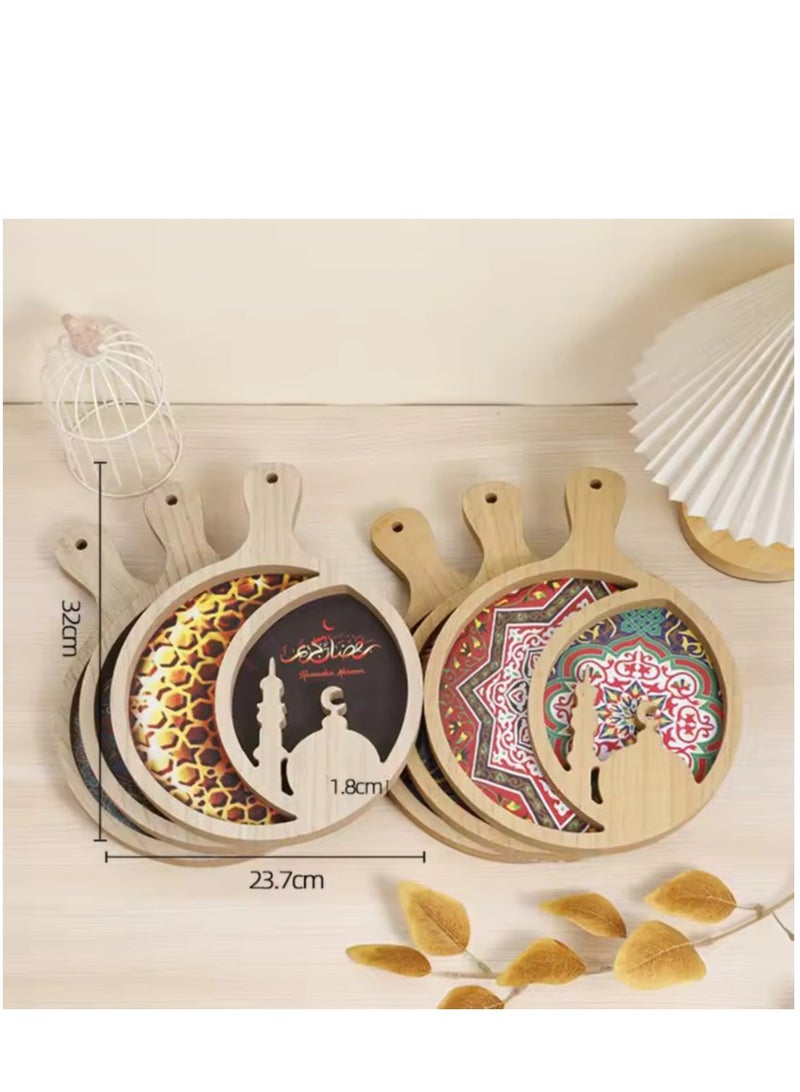New Wooden Round Tray with Handle Dessert Snack Plate Sweets Cookies Serving Tray Ramadan Eid Party Decoration  - Image 2