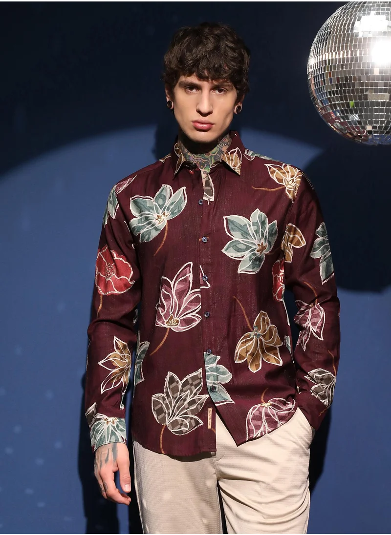 كامبوس سوترا Men's Burgundy Red Floret Imprint Shirt For Casual Wear | Spread Collar | Long Cuffed Sleeves | Button Closure | Shirt Crafted With Comfort Fit For Everyday Wear
