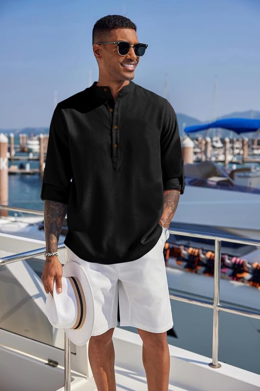 Macsivo Men's Cotton Blend Solid Short Kurta with Mandarin Collared Full Sleeve Drawstring Stylish Straight Length | Kurta for Man - Image 5