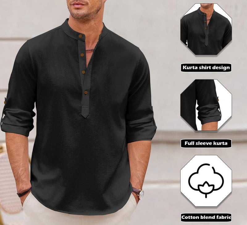 Macsivo Men's Cotton Blend Solid Short Kurta with Mandarin Collared Full Sleeve Drawstring Stylish Straight Length | Kurta for Man - Image 3