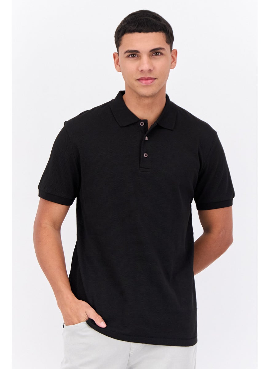 French Connection - Men Regular Fit Textured Short Sleeves Polo Shirt, Black - Image 1