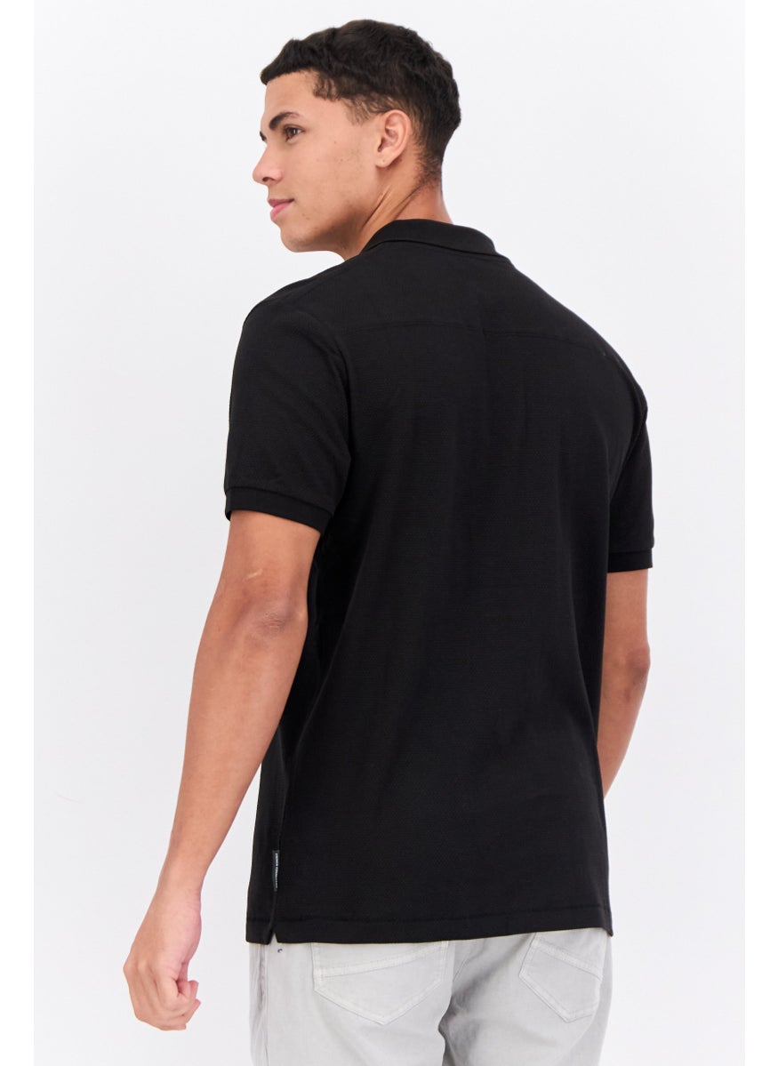 French Connection - Men Regular Fit Textured Short Sleeves Polo Shirt, Black - Image 1