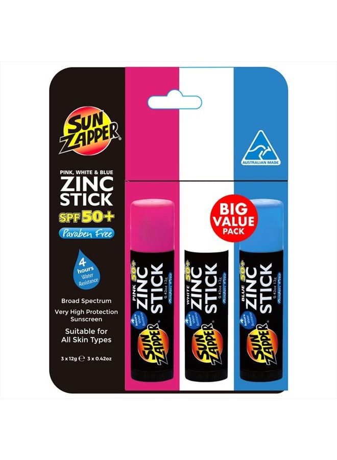 Sun Zapper Zinc Oxide Sunscreen - Pink, White & Blue - SPF 50+ Very High Sun Protection Waterproof Sunblock for Face & Body, Adults, Kids, Baby - Travel Stick - Image 1