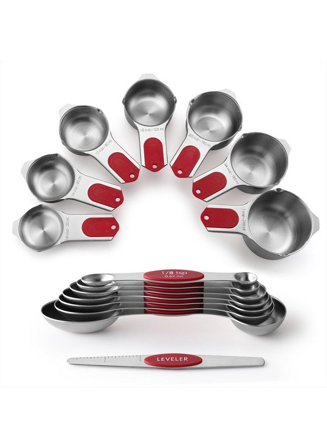 Spring Chef Spring Chef Magnetic Measuring Cups & Spoons Set (Patent Pending), Strong N45 Magnets, Heavy Duty Stainless Steel Fits in Spice Jars for Baking & Cooking, BPA Free, Round Set of 15 with Leveler, Red  - Image 1