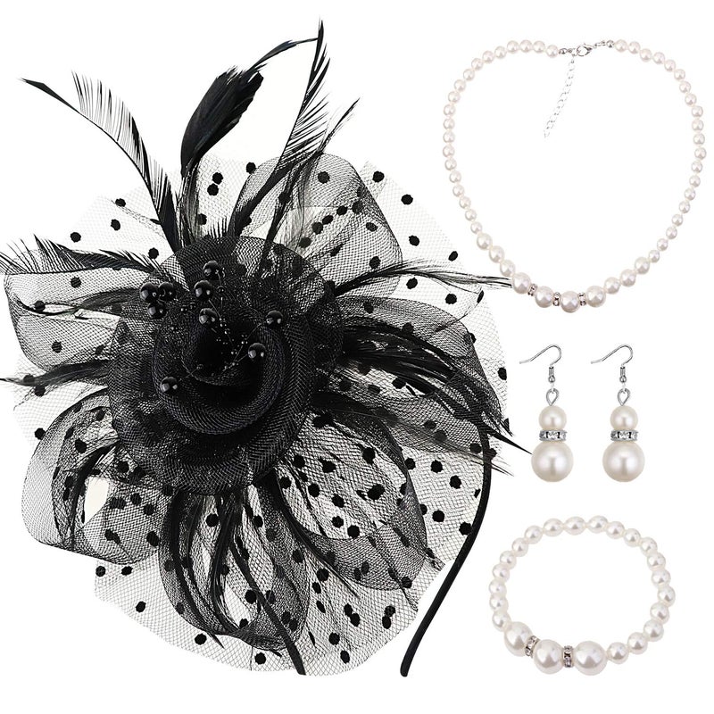 DRESHOW Fascinators Hat Tea Party Headwear Ribbons Feathers on a Headband and a Clip for Girls and Women - Image 1