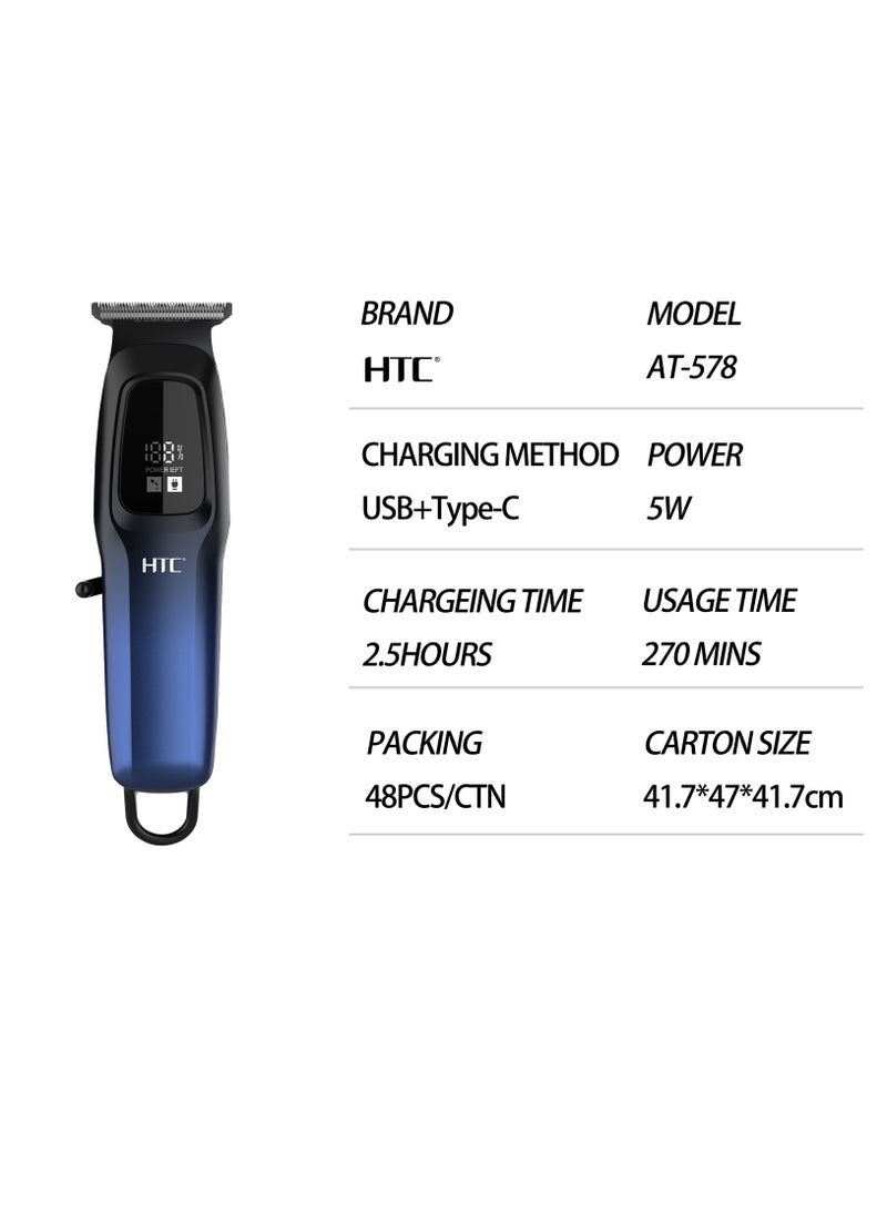 HTC - HTC Hair Clipper, Beard Trimmer with USB Rechargeable Cordless T-Shape Shaver with LED Display and 3 Combs, AT578 - Image 1