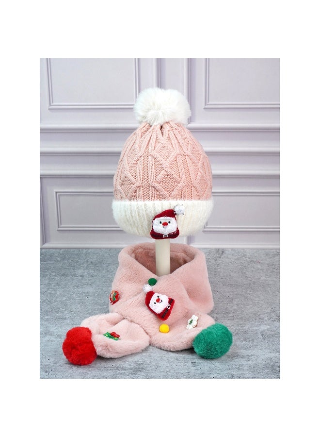LITTLE SURPRISE BOX 2Pcs Pink Santa Christmas Themed Winter Cap Beanie With Matching Long Style Neck Muffler For Kids - Image 2