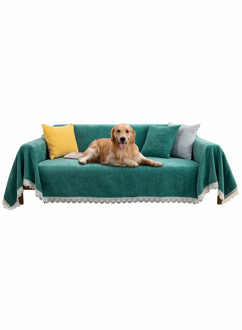 SYOSI Stretch Sofa Slipcover, Couch Cover Soft Sofa Throw Covers Furniture Protector for Cushion Couch, Non Slip and Elastic with Lace Tassel for Kids Pets, 71 x 118 Inch, Cypress Green, 1 Pcs - Image 1