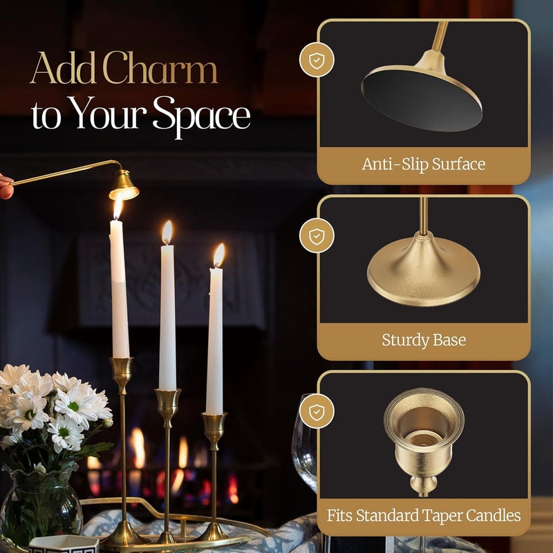 GETSHADY Gold Candleholders for Taper Candlesticks Plus Candle Snuffer – Dining Table Décor Centrepiece - Brass Candelabra Candlestick Holder - Gold Décor for Home Weddings Celebrations Events (Set of 6 Pcs) - Image 2