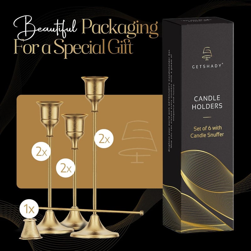 GETSHADY Gold Candleholders for Taper Candlesticks Plus Candle Snuffer – Dining Table Décor Centrepiece - Brass Candelabra Candlestick Holder - Gold Décor for Home Weddings Celebrations Events (Set of 6 Pcs) - Image 4