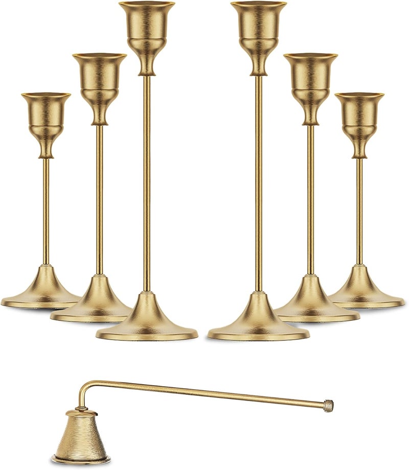 GETSHADY Gold Candleholders for Taper Candlesticks Plus Candle Snuffer – Dining Table Décor Centrepiece - Brass Candelabra Candlestick Holder - Gold Décor for Home Weddings Celebrations Events (Set of 6 Pcs) - Image 1